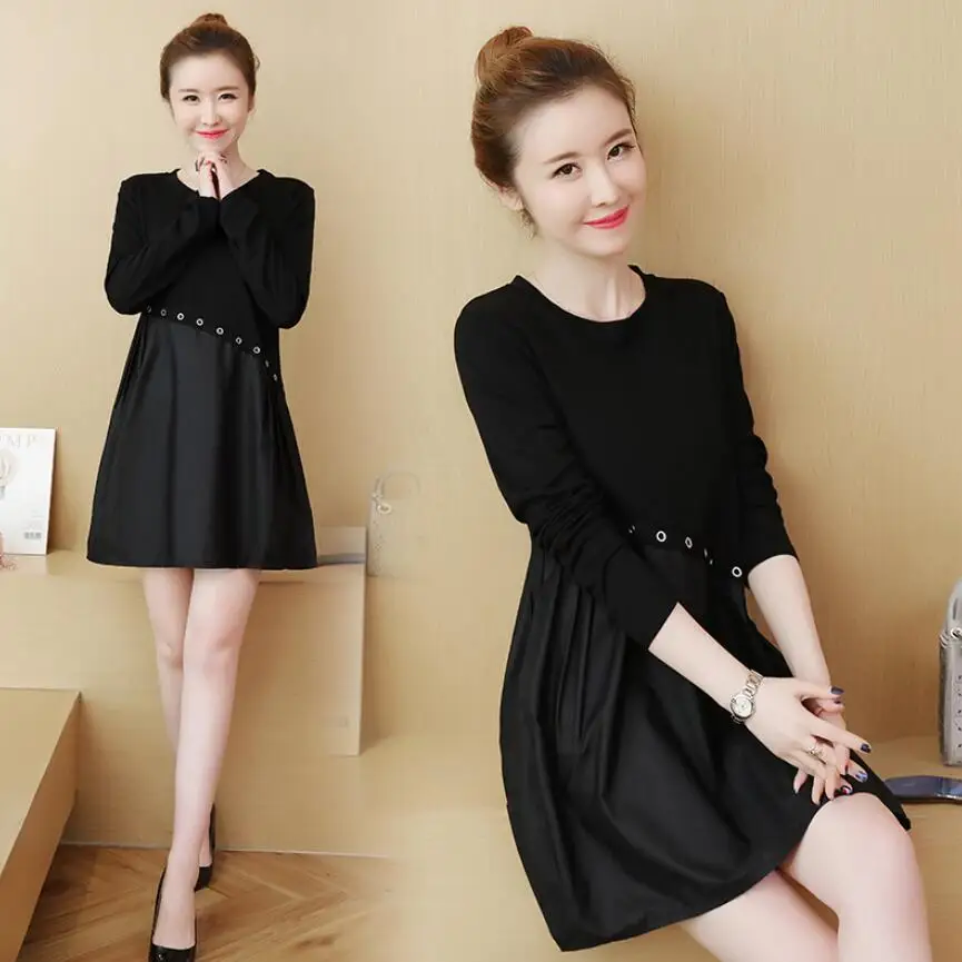 

Pengpious 2019 autumn winter long sleeve women mini dress female plus size knitted patchwork cotton a-line fleece dress L-5XL