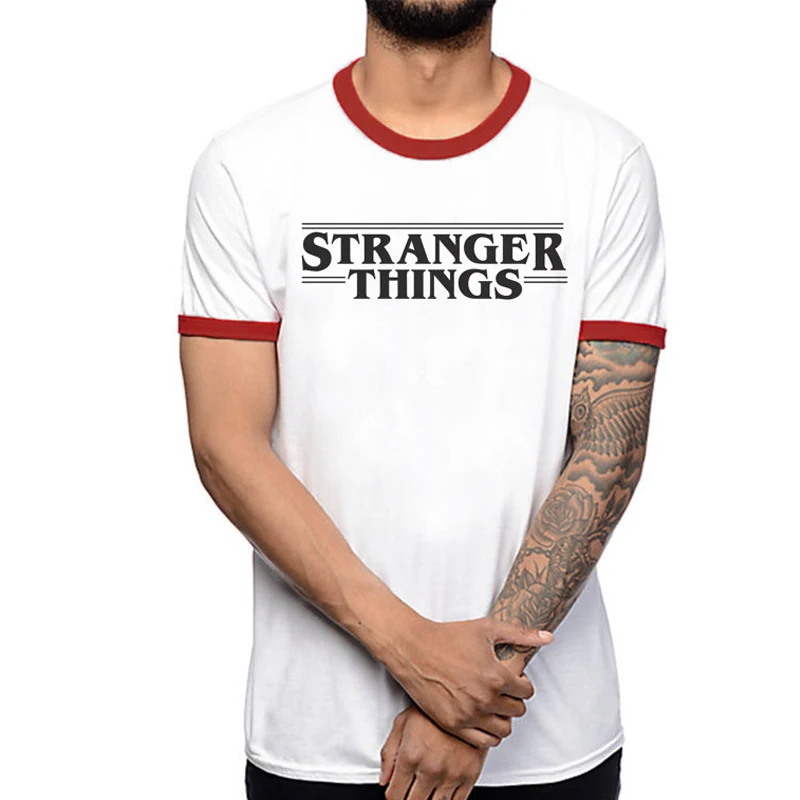 Stranger Things Letter Print Men T Shirt White Red Patchwork Short 