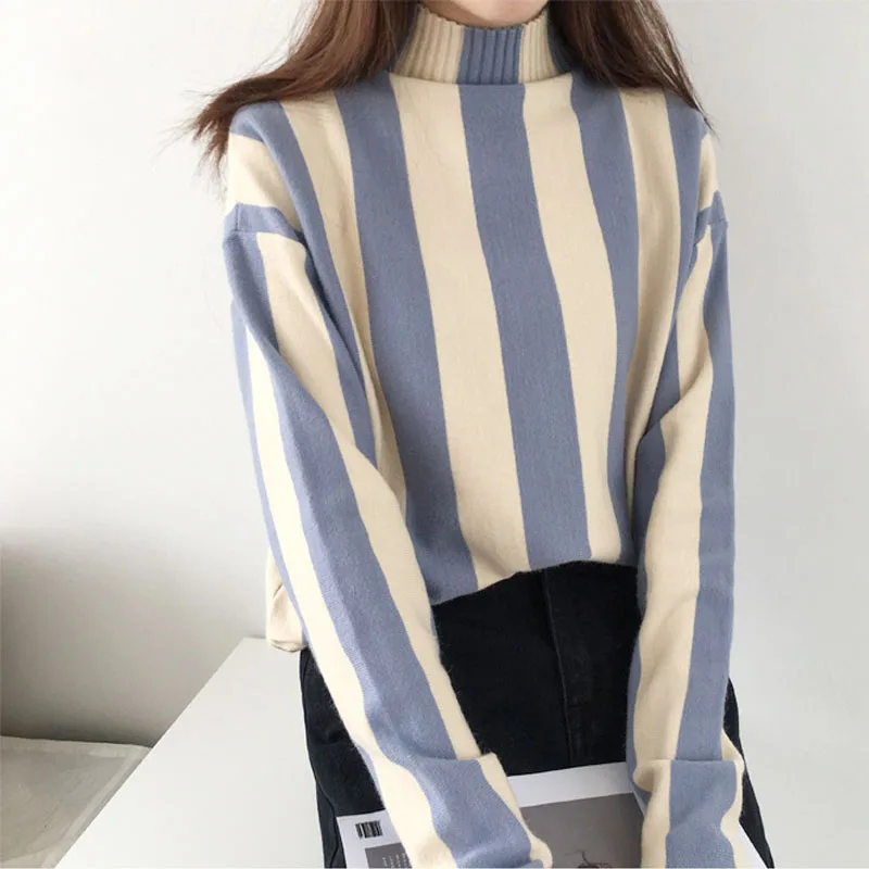Thicken warm vertical stripe sweater woman 2017 winter turtleneck pullovers female colorful sweater hot sale good quality tops Sweaters