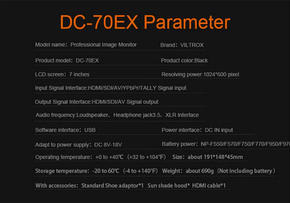Viltrox DC-70 EX 7 ''4 к HD HDMI/SDI/AV вход выход камера видео ЖК-монитор дисплей+ адаптер переменного тока для Canon Nikon Pentax Olympus