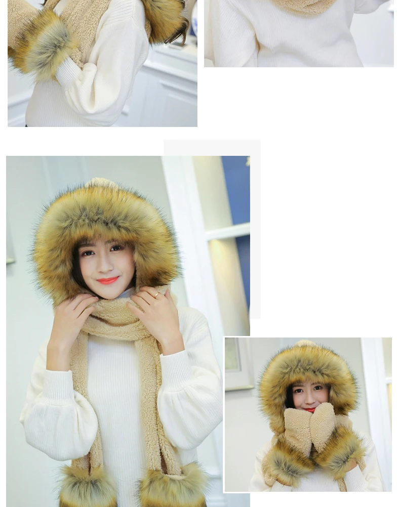 New Korean Version Of The Bib Hat Thick Warm Scarf Hat Gloves Three Pieces One Large Fur Collar Three-Piece Set For Women SN53 (10)