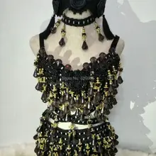 Черные Блестящие кристаллы подвеска на выход бюстгальтер короткий женский ночной клуб износ женский сценический костюм праздничная одежда комплект