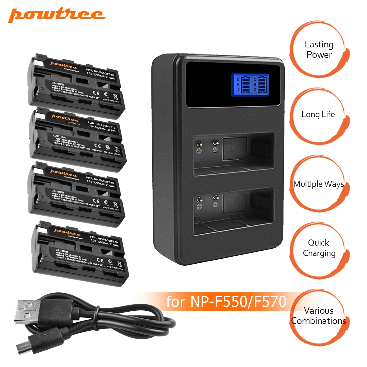 

4Packs 7.2V 3000mAh Li-ion NP-F550 NP-F330 NP F550 NP F330 Rechargeable Battery+LCD Dual charger camera Battery For Sony L10