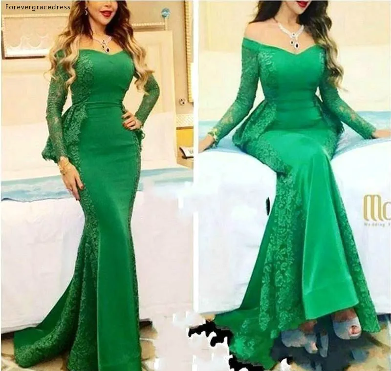 New Green Myriam Fares Long Sleeves Evening Dresses 2019 Mermaid Long Party Gowns Off Shoulder Celebrity Red Carpet Dresses Arabic BC0088  145 (2)