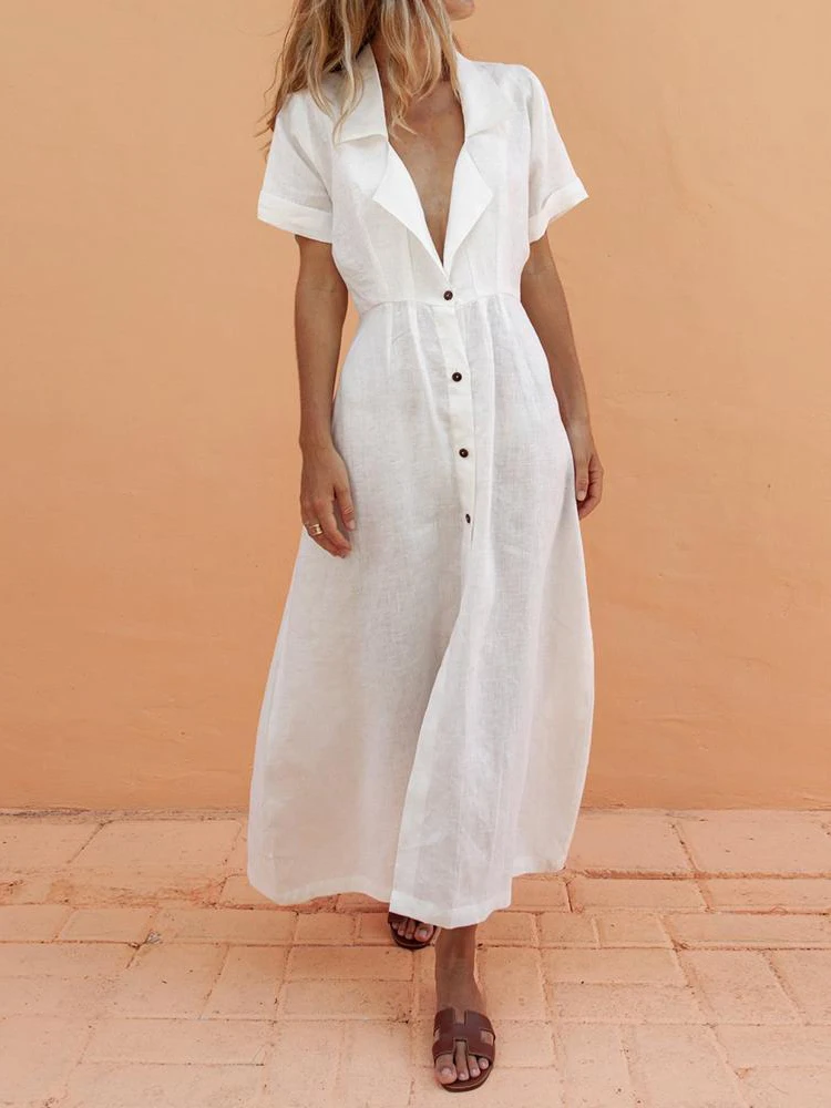 

Casual Single-Breasted Slim Maxi Dress Women 2019 Solid Short Sleeve Suit Collar Shirt Dress Sexy V-neck Split Summer Dresses