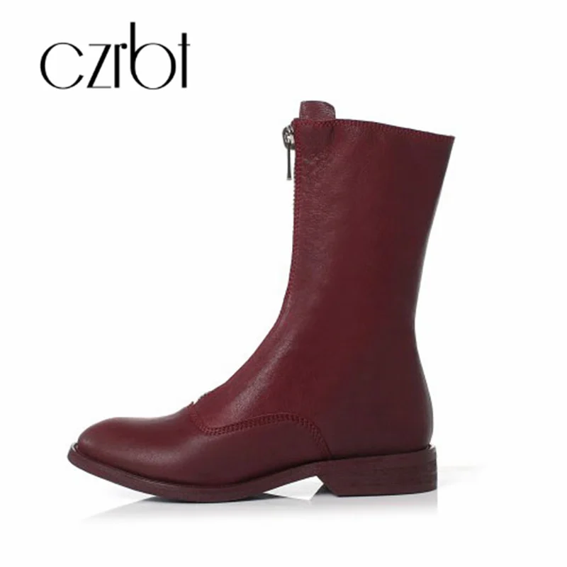 

CZRBT shoes women's zipper vintage leather women's shoes chunky and ruffled mid-tube Chelsea chic casual non-slip women's boots