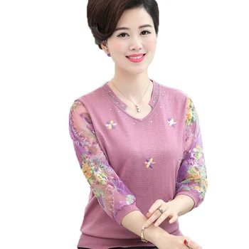 

Mother Clothes Size 4XL Women's T-Shirt 2018 New Fall Chiffon Sleeve Sweaters Pullover Casual Thin Tops Women Clothing AA224