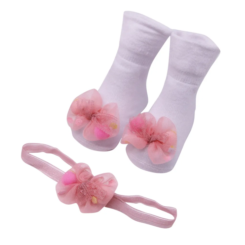 Носки детские модные милые носки для малышей+ 1 шт., нескользящие носки с ремнем для волос для маленьких девочек мягкие носки с аппликацией calcetines Nina - Color: Pink