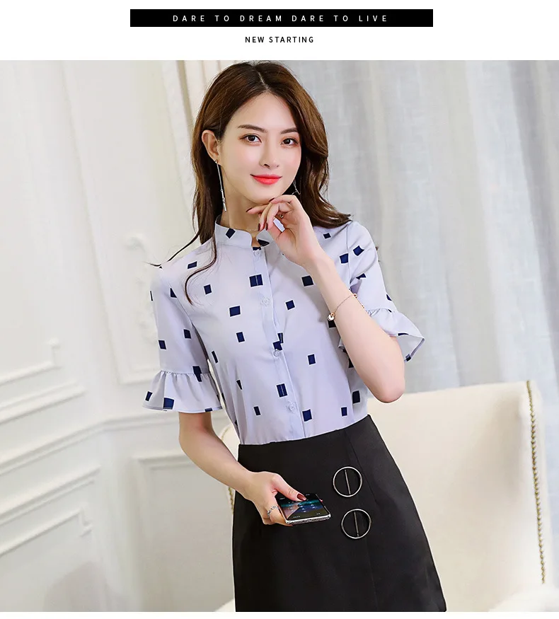 Харадзюку Корейская женская Повседневная шифоновая блузка рубашка с принтом и оборками Женская одежда уличная тонкая элегантная рубашка Лето Новые Топы