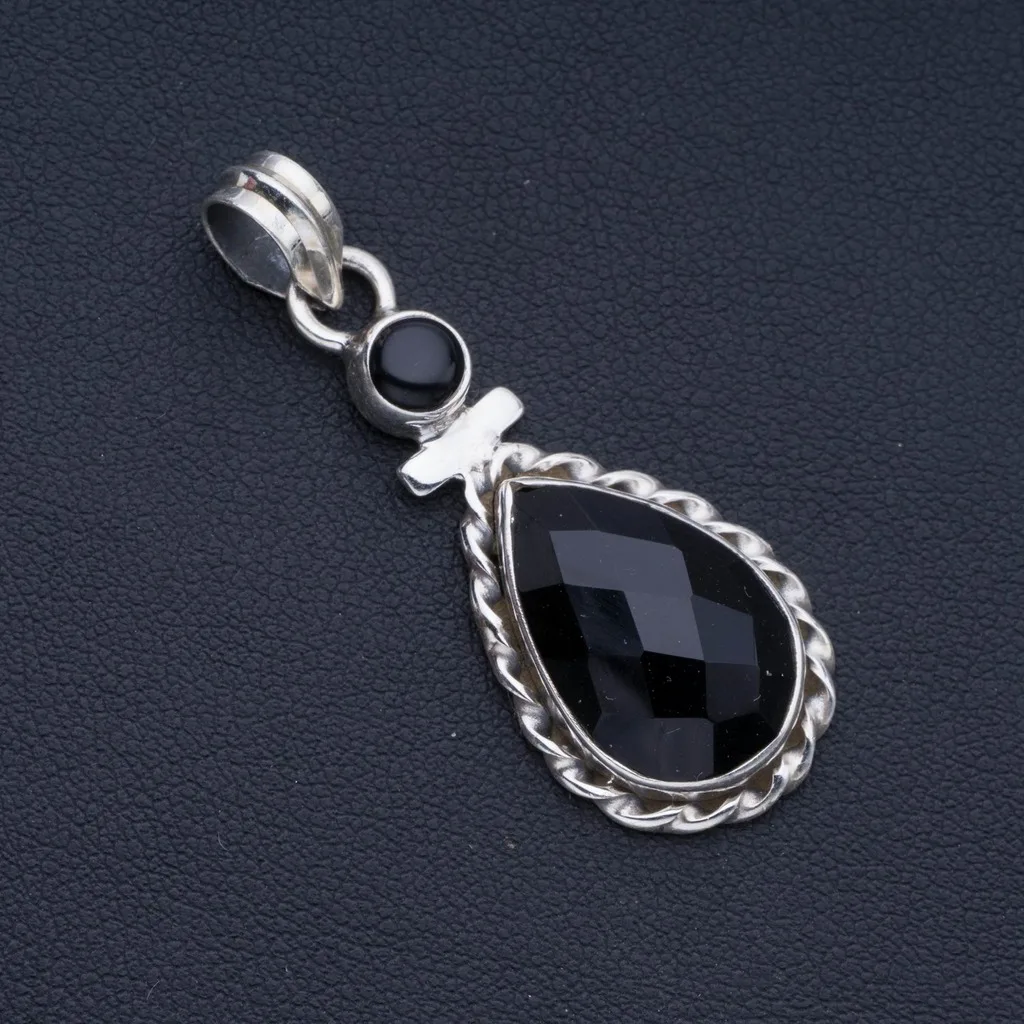 

Natural Black Onyx Punk Style 925 Sterling Silver Pendant 1 3/4" P0948