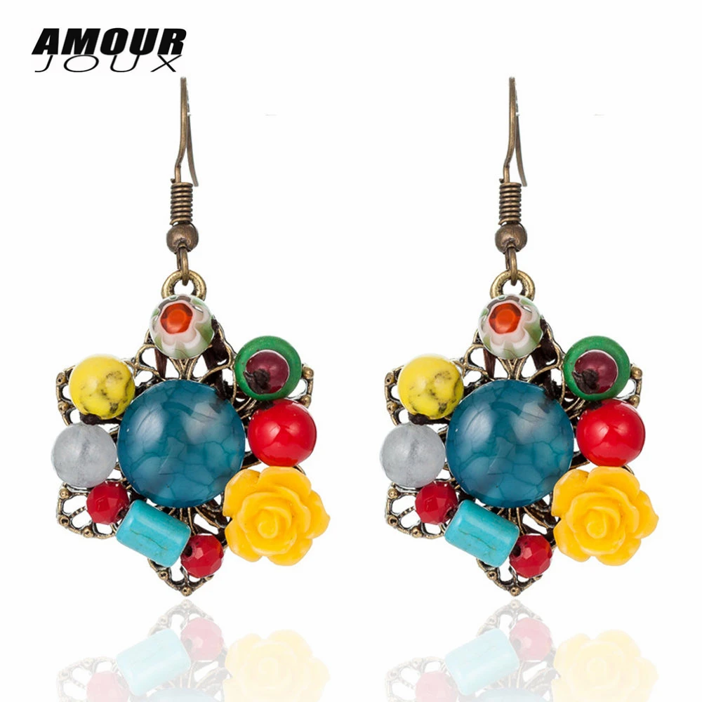 

AMOURJOUX Bohemian Natural Stone Handmade Woven Vintage Hollow Alloy Hanging Drop Earrings for Women Ethnic Earring