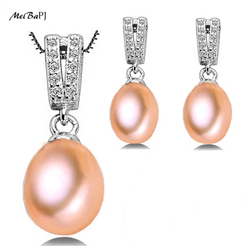 MeiBaPJ твердый 925 пробы Серебряный набор украшений для женщин настоящий пресноводный черный жемчуг ожерелье серьги капли воды ювелирные изделия - Цвет камня: Pink