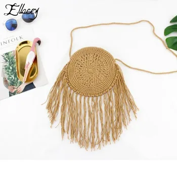 

New Women Straw Bags Bohemian Rattan Female Beach Handbag Circle Lady Weave Crossbody Messenger Bag Hand Made Round Kintting