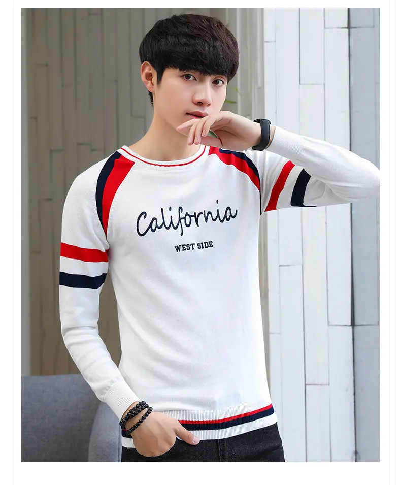 2019 Autumn Contrast Color Sweater Men O-Neck Cotton Knitted Pullover Men Winter Fashion Korean Style Striped Mens Sweaters Male 05