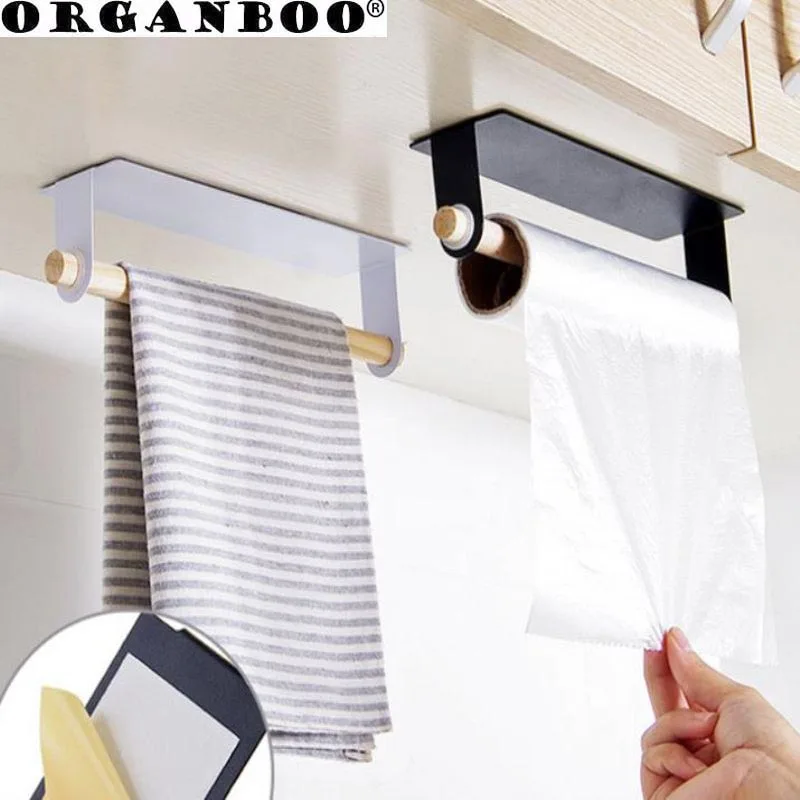 

Kitchen Towel Hanger Rack Bar Kitchen Cabinet Cling Film Rag Hanging Holder Organizer Bathroom Roll Paper Holder Shelf