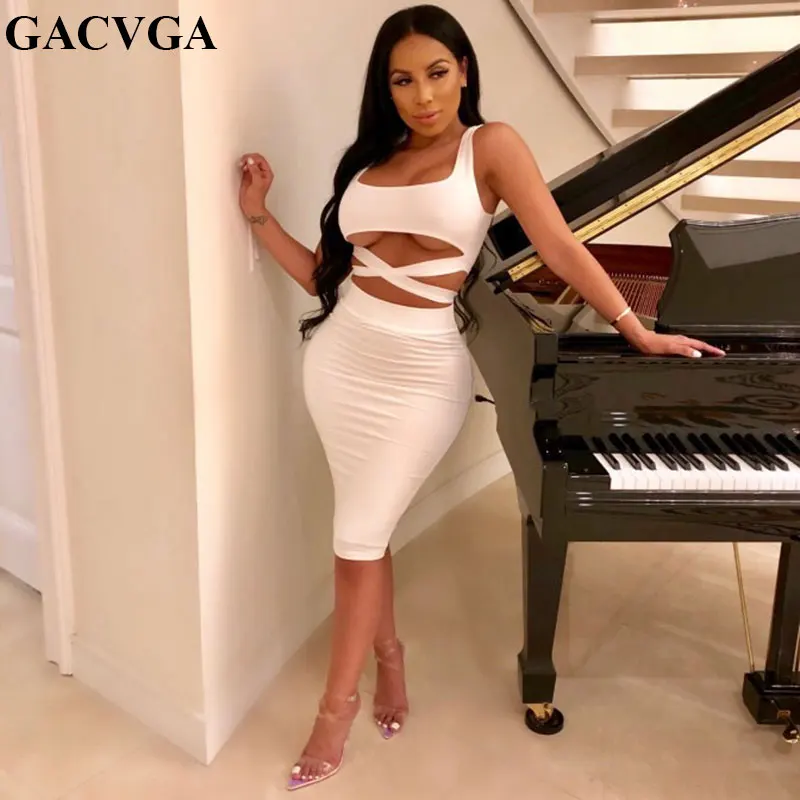 

GACVGA 2019 Sexy Summer Dress Club Wear Women Vestidos Sleeveless Bodycon Dress White Black Pencil Bandage Party Dresses