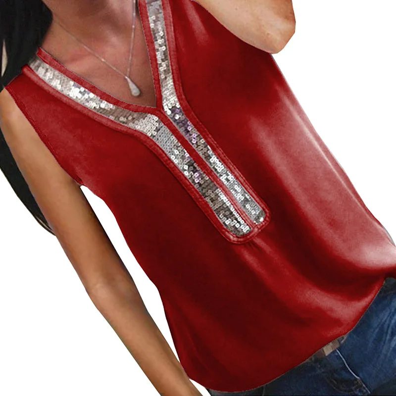 Новые летние пляжные Топы женские сексуальные блузки без рукавов однотонные белые рубашки с блестками Femme размера плюс свободные повседневные шифоновые блузки - Цвет: 1539 Wine Red