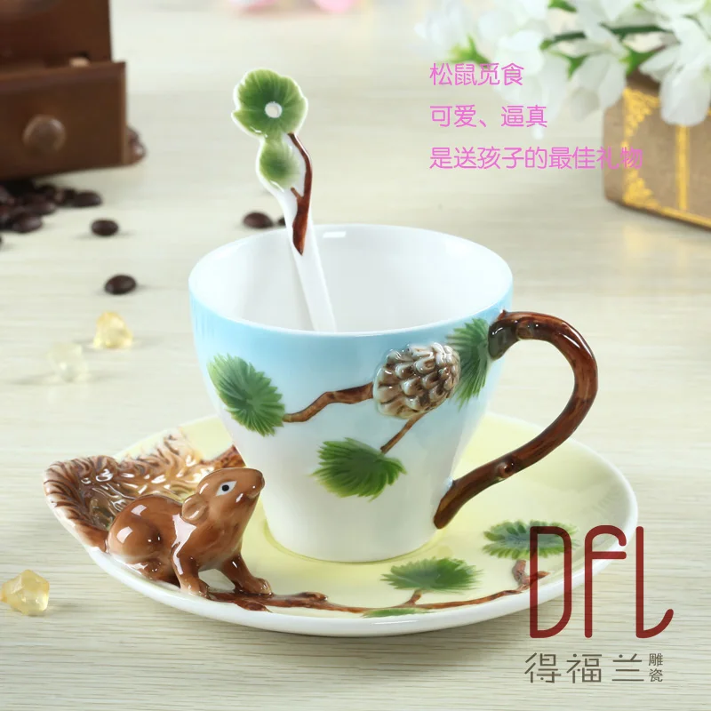 HOT sale 3D Squirrel Pure Hand painted Enamel Coffee Mug cup individuality creative mugs Couples of
