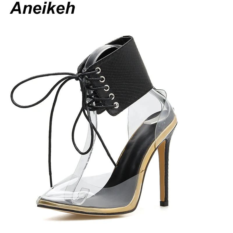 

Aneikeh Concise PU Women Ankle Boots Transparent Hollow Out Thin High Heels Shoes Lace-Up Pointed Toe Sexy Sandals Boots Black40