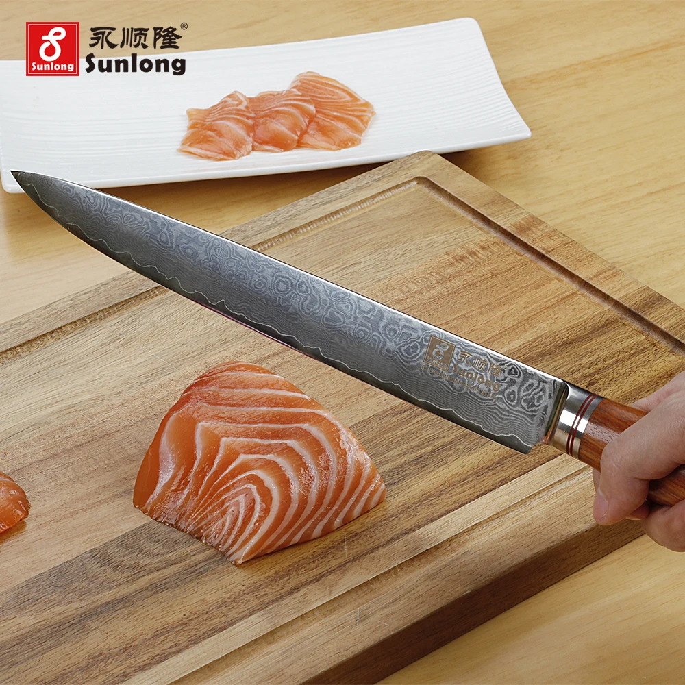 Sunlong 10 дюймов суши нож для филе нож дамасская сталь ножи для нарезки VG10 стальной сердечник узор стальной кухонный нож Кливер