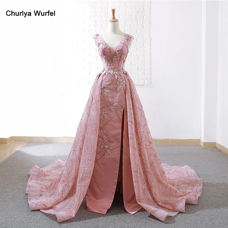 

RSM66719 pink wedding guests dress long v neck sleeveless a-line bride party dress 2019 sexy front split ladies evening dress