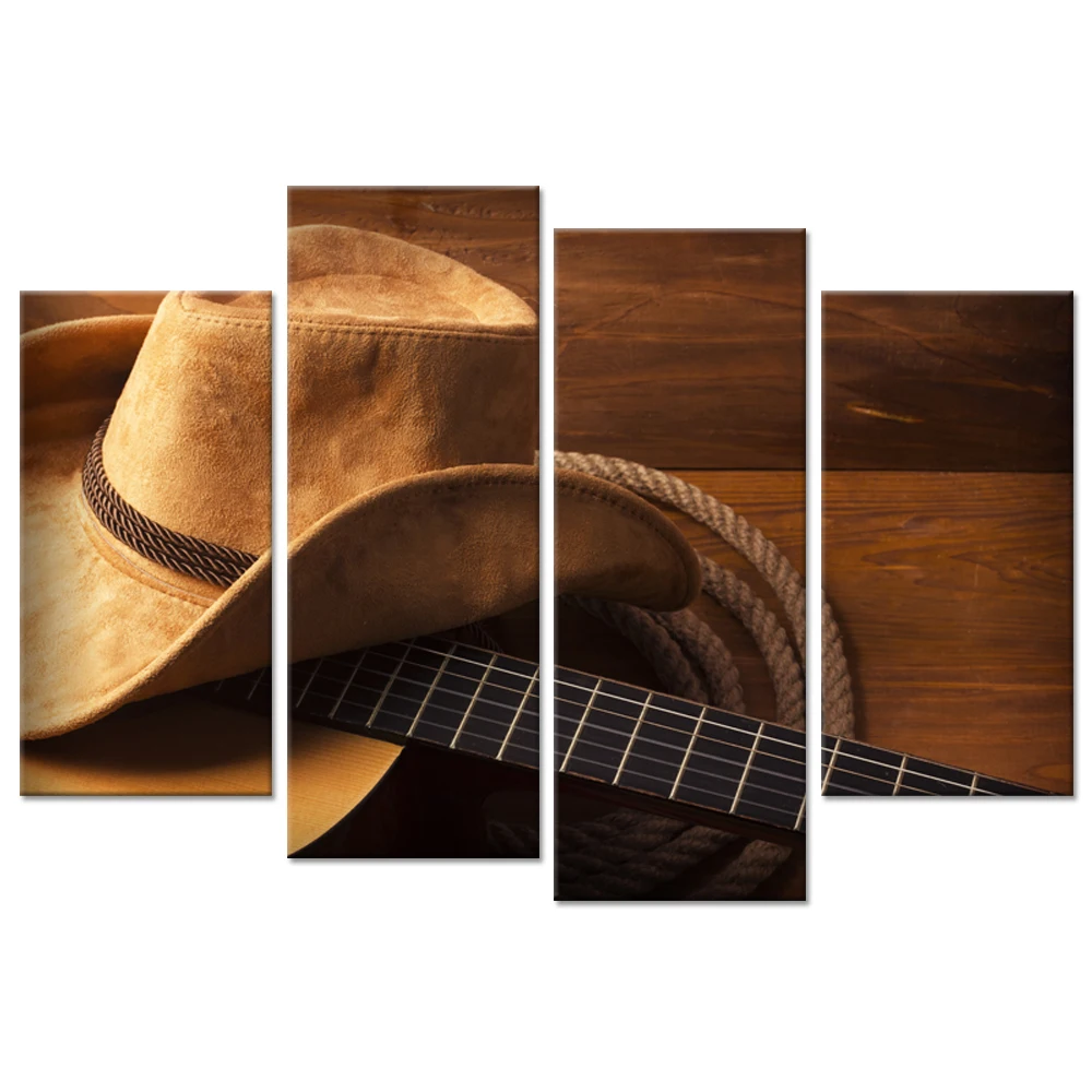 Vintage Canvas Wall Art 4 Panel Guitar Cowboy Hat on Rustic Wood