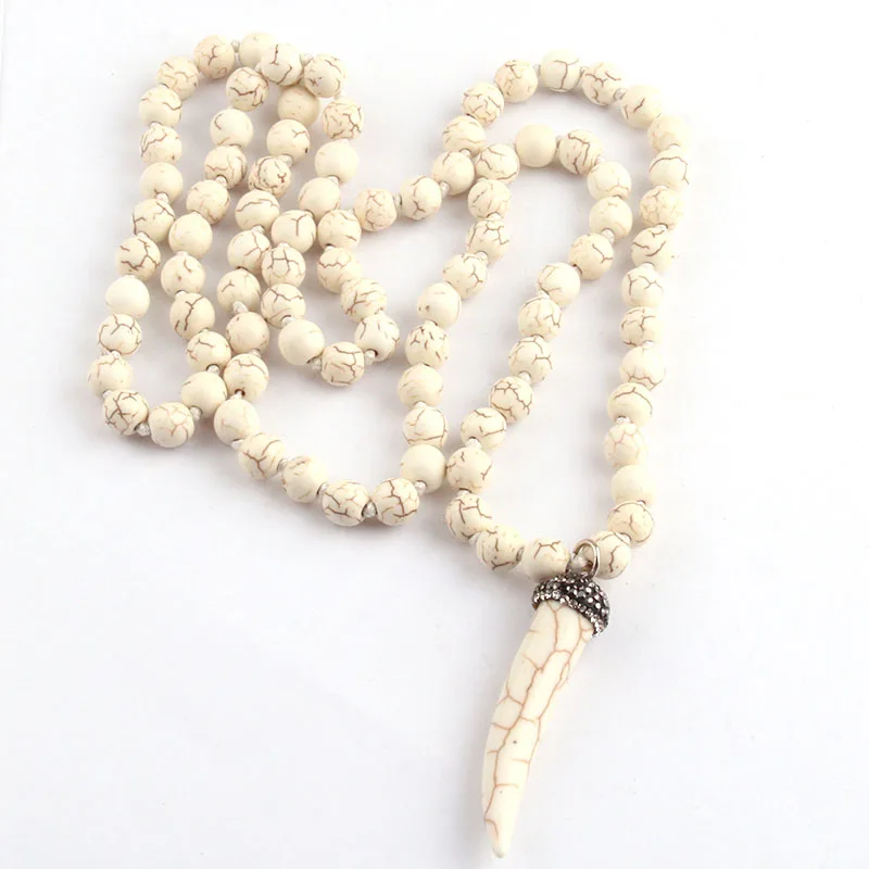 

Free Shipping Fashion Bohemian Tribal Jewelry White Stone Knotted White Ox Horn Pendant Necklaces For Women Ethnic Necklace