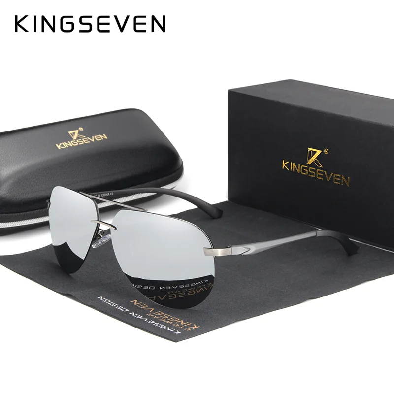 KINGSEVEN алюминиево-магниевые поляризованные солнцезащитные очки без оправы для мужчин, ретро очки высокой четкости Oculos de sol - Цвет линз: GRAY SILVER