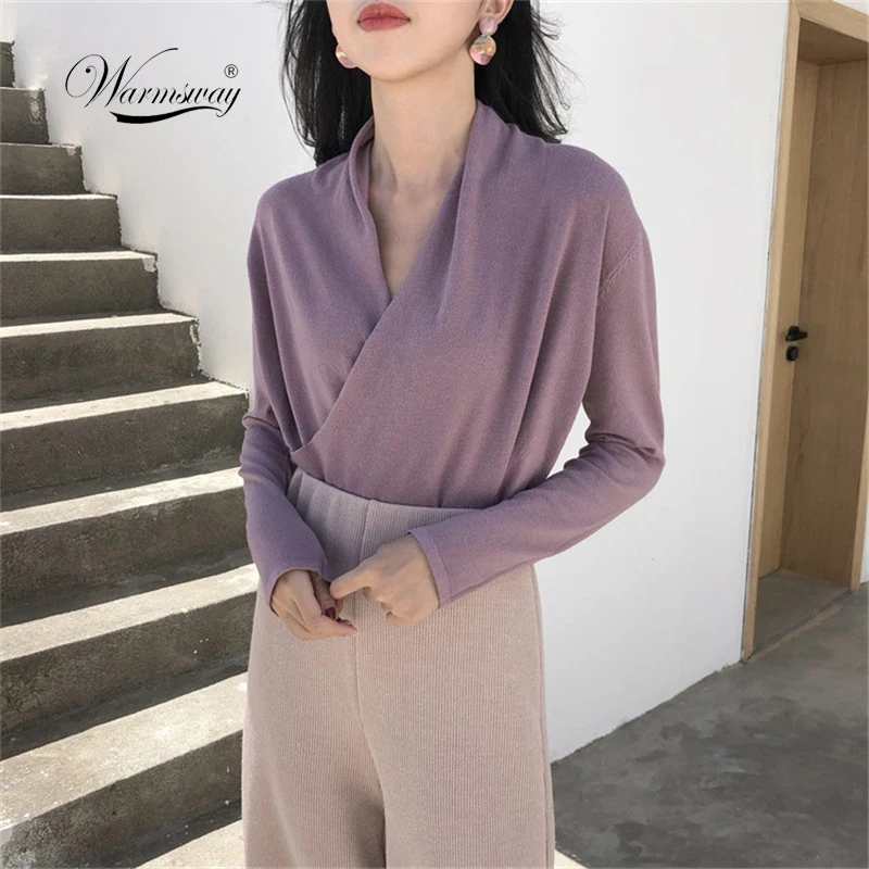 

sexy deep v neck women knitted short sweaters fashion 2019 solid full sleeve pullovers woman cross knit top cloth basic B-141