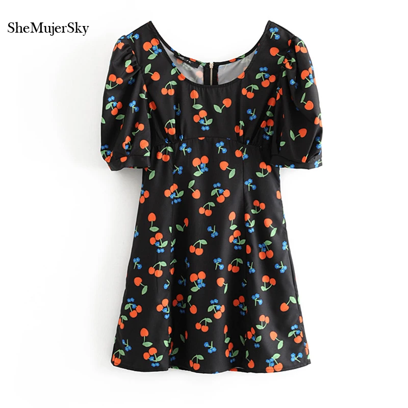 

SheMujerSky Women Black Summer Dress Cherry Print Short Puff Sleeve Mini Dress 2019 Vintage Womens Dresses