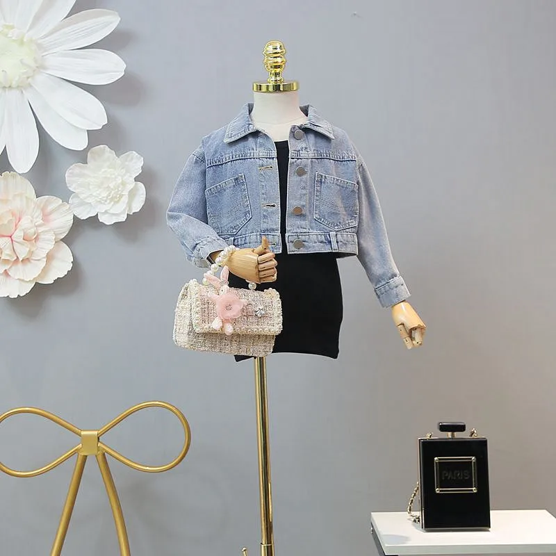 

Children's Wear 2019 Spring New Short Denim Jacket with Solid Color Sling Dress Two-piece Set