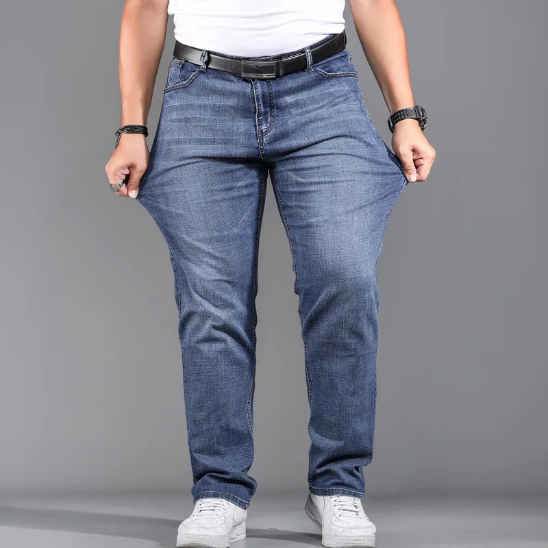 High Quality Stretch Plus Big Size 29 - 44 46 48 90% Cotton Straight Denim Jeans Men Famous Brand 2019 Spring High Quality Stretch Plus Big Size 29 - 44 46 48 90% Cotton Straight Denim Jeans Men Famous Brand 2019 Spring