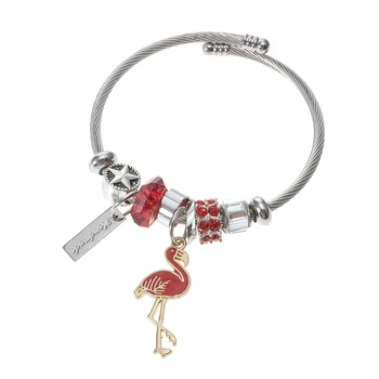 

BeUrSelf Flamingo Bangle Adjustable Stainless Steel Bangle Red Enamel Animal Crystal Metal Charms Changeable Bangle for Women