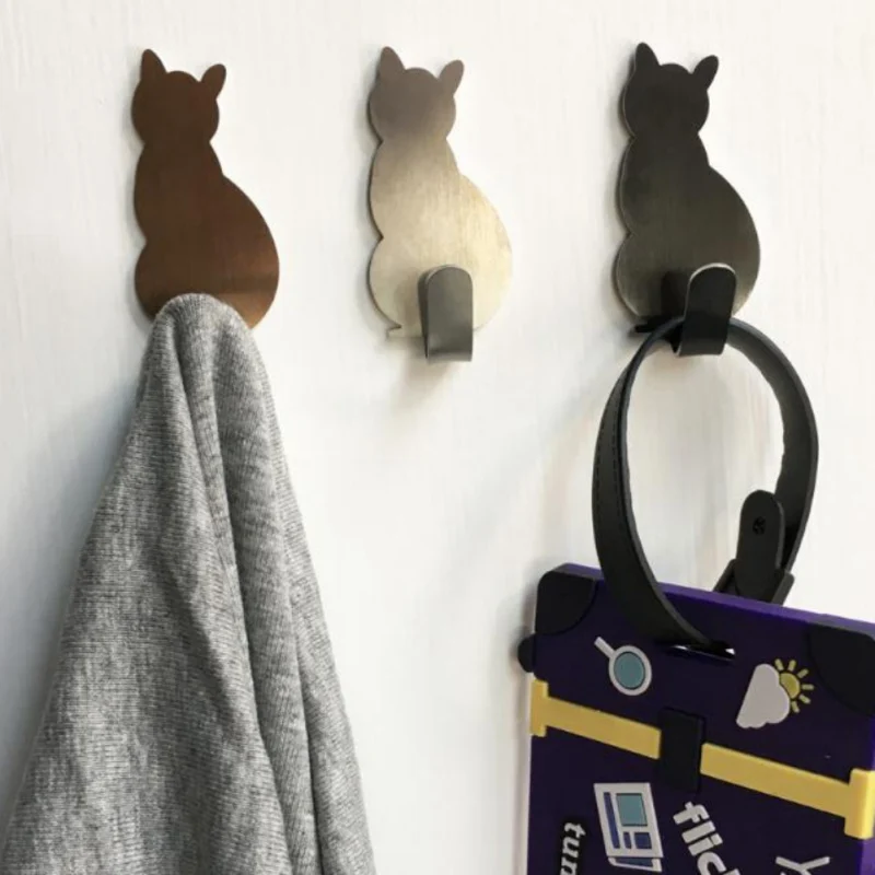 Настенные крючки из нержавеющей стали в форме кошки, крючок для халата, домашняя дверная вешалка для одежды, декоративный ключ для кошки