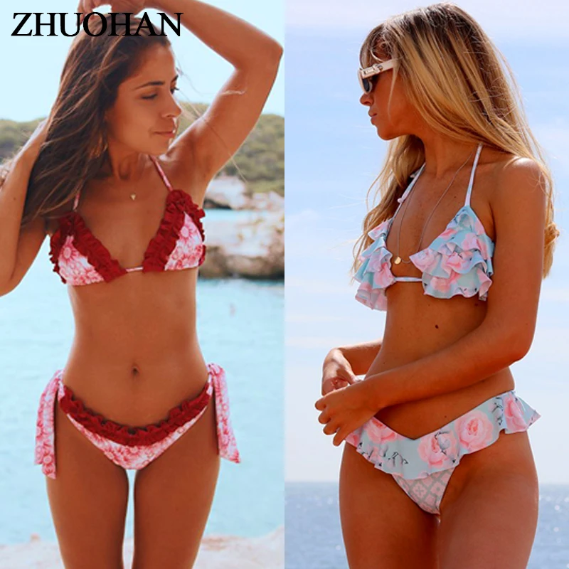 

Woman Hanging Neck Sexy Swimsuit Print Bikini Set 2019 New Summer Lady Beach Low Waist Bandage Swimwear Women Separate Bikinis