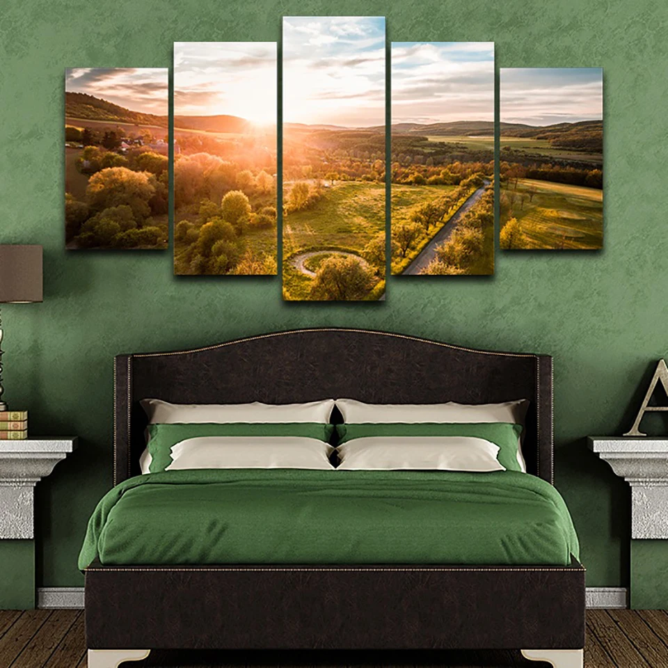 Wall Art Pictures HD Printed Poster Framework Home Decor 5 Panel Hills Sunrise Landscape Modern Painting On Canvas Living Room