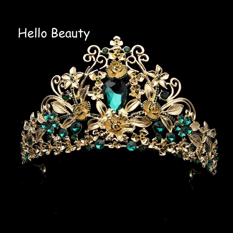 

Vintage Baroque European Design Hair Accessories Green Crystal Tiara Rhinestone Wedding Bridal Queen Pageant Crown For Women