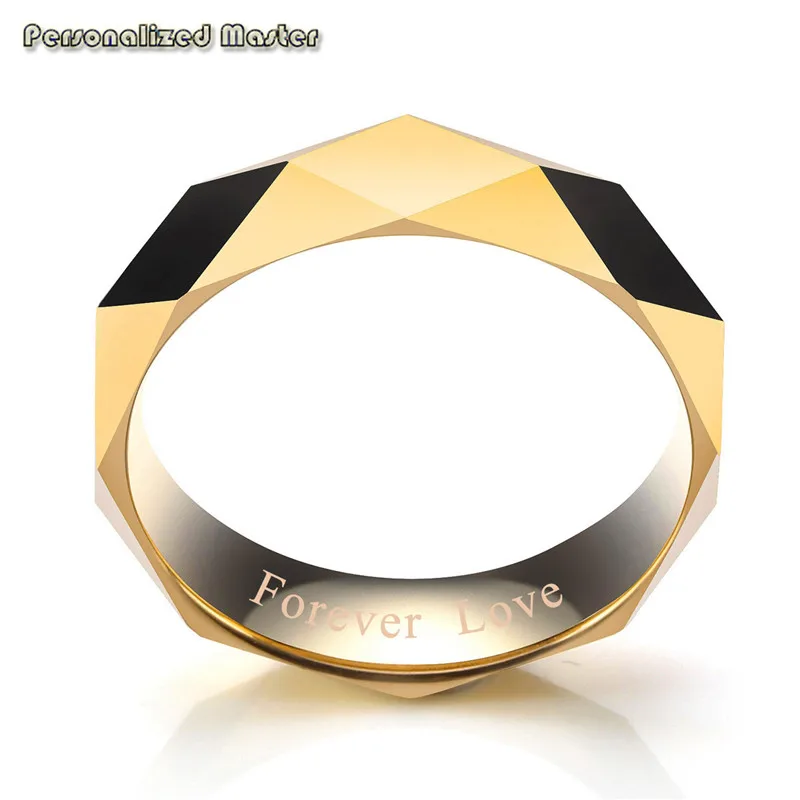 Personalized Master Tungsten Rings - Personalized 6mm Multi-Faceted Tungsten Carbide Rings Gold Polished Wedding Ring