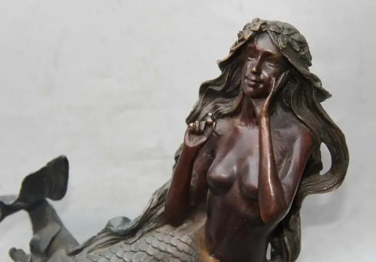 

S2043 10" lucky Chinese Western Bronze Marble Sexy Naked Belle Mermaid sea-maid Statue