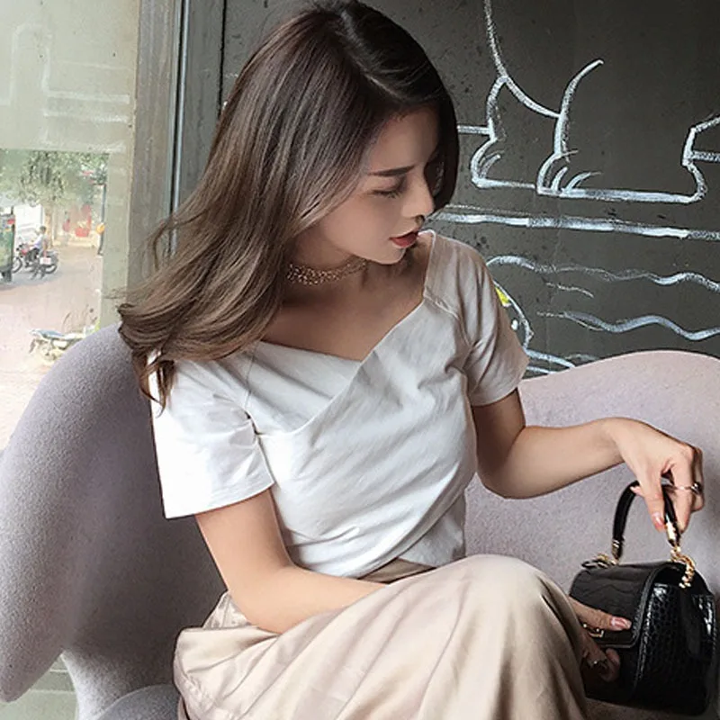 

Summer Sexy V Neck Short Sleeve T-Shirt Women Solid Crisscross T Shirt Top Harajuku Cute Casual Slim Basic Lady Tee T Shirts Top