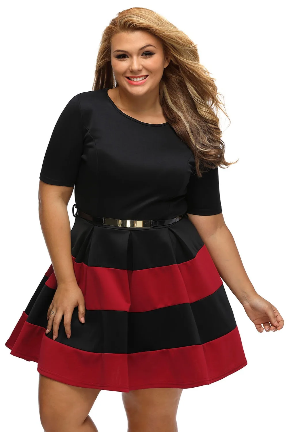 Burgundy-Stripes-Detail-Belted-Plus-Size-Skater-Dress-LC22806-3-7