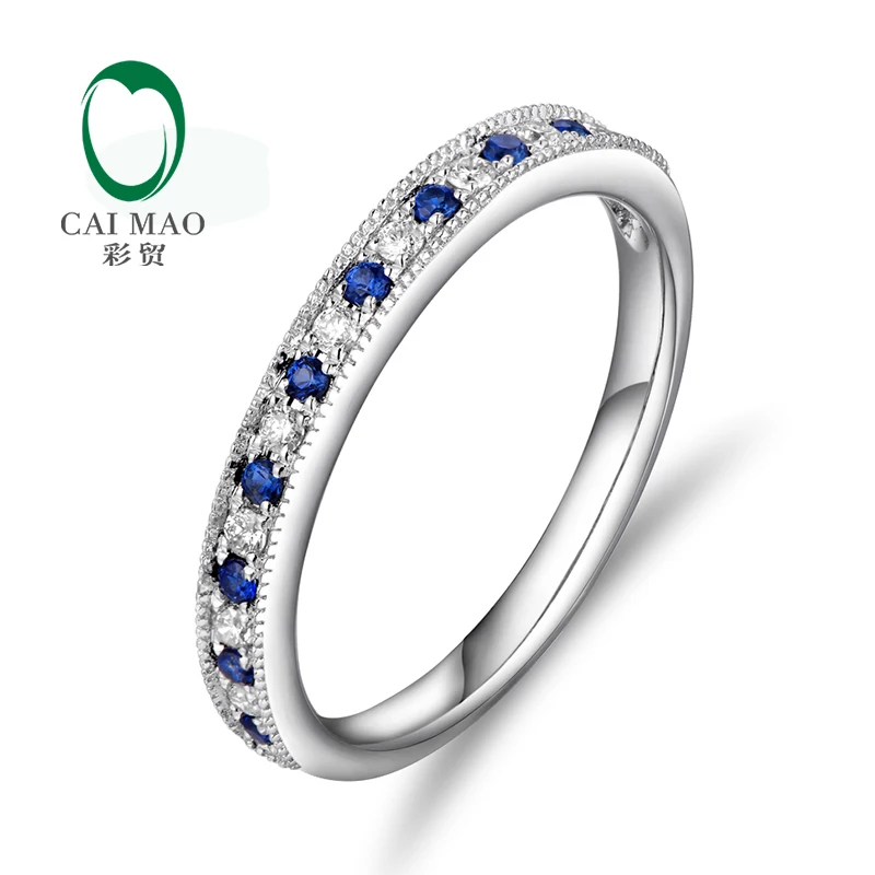 Caimao Jewelry 14K White Gold 0.13ct Sapphire & 0.09ct Diamonds Engagement Wedding Band Free shipping