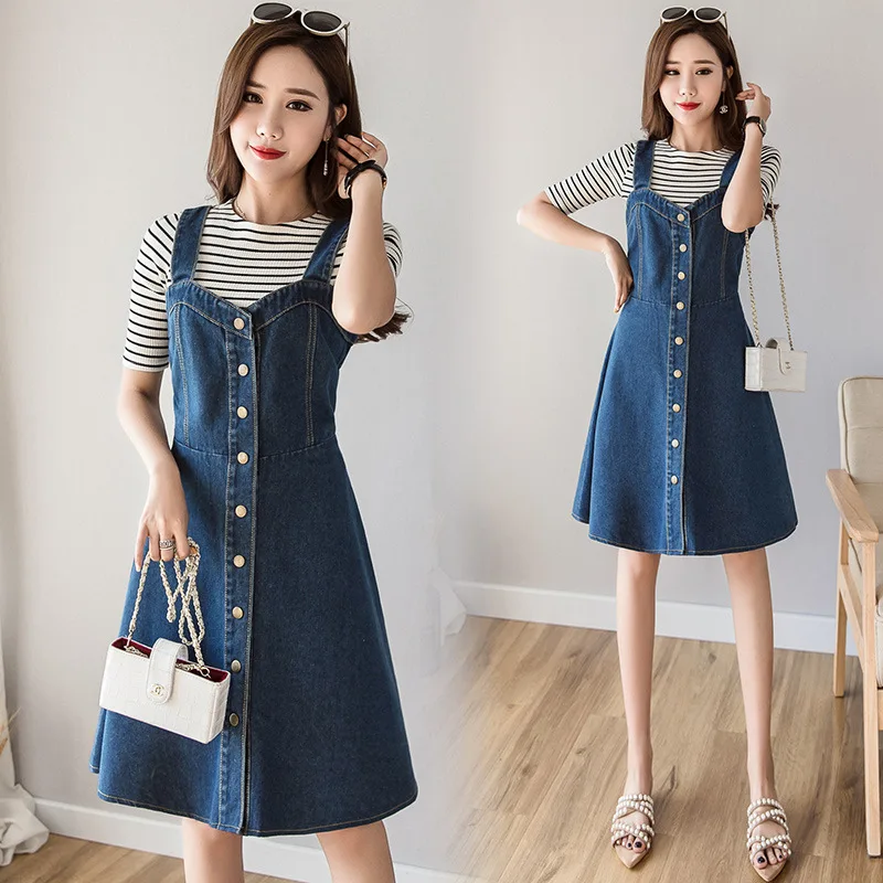 

Woman Plus Size Denim Dress 2019 Spring Summer Korean Style Spaghetti Strap Slim Fit A Line Denim Overall Dress Button Sundress