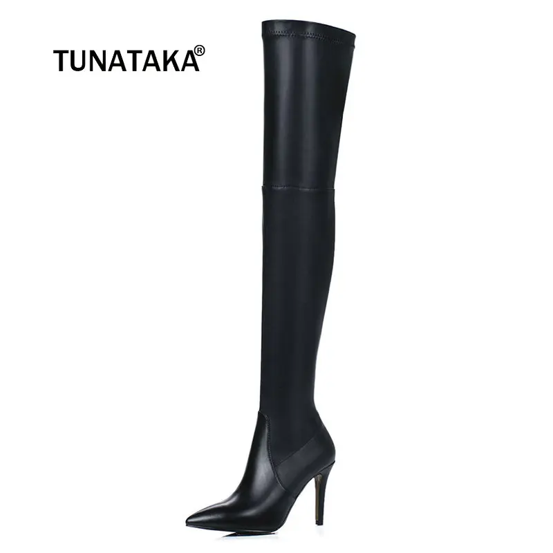 

Female Genuine Leather Thin Heels Over The Knee Boots Fashion Pointed Toe Zipper Autumn Elastic Boots Black