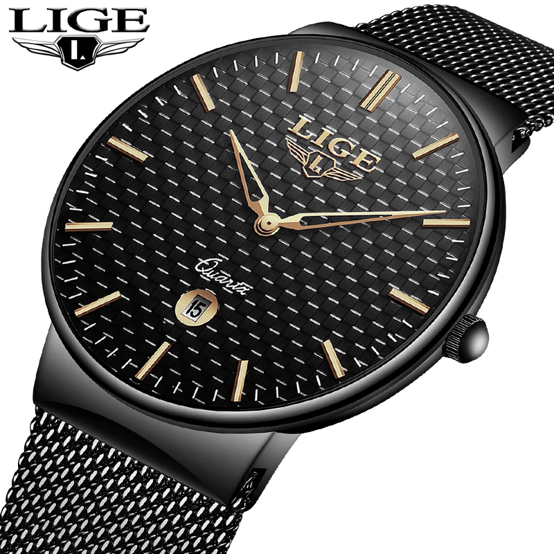 LIGE Men's Watches New luxury brand watch men Fashion sports quartz-watch stainless steel mesh strap ultra thin dial date clock