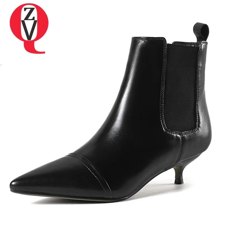 

ZVQ women shoes hot sale newest med thin heels elastic band pointed toe genuine leather winter outside concise casual booties