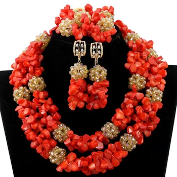 

Trendy Nigerian Wedding Coral Beads Jewelry Set Plated Gold Dubai Bridal Costume Jewelry Set 7 Colors Free Shipping QW430