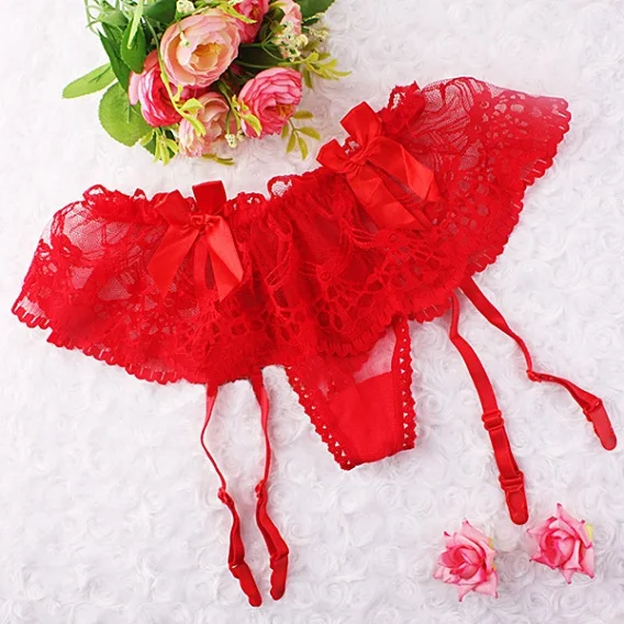 Женский сексуальный кружевной комплект, стринги с поясом, подвязки с бантиком, стринги на подтяжках, подходящие чулки - Цвет: Красный