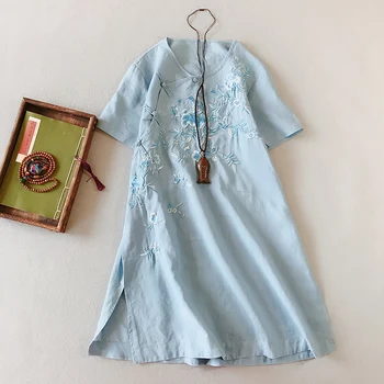 

2020 retro vestido chines qipao short traditional mandarin collar chinese dresses vestidos cotton and linen cheongsam embroidery