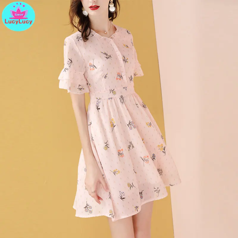 

2019 new fashion European and American pink summer popular v-neck chiffon floral dress Knee-Length Zippers